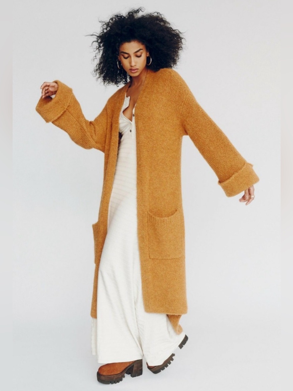 Free People Live In Tokyo Cardigan Chestnut Camel Pocket - Picture 3 of 6